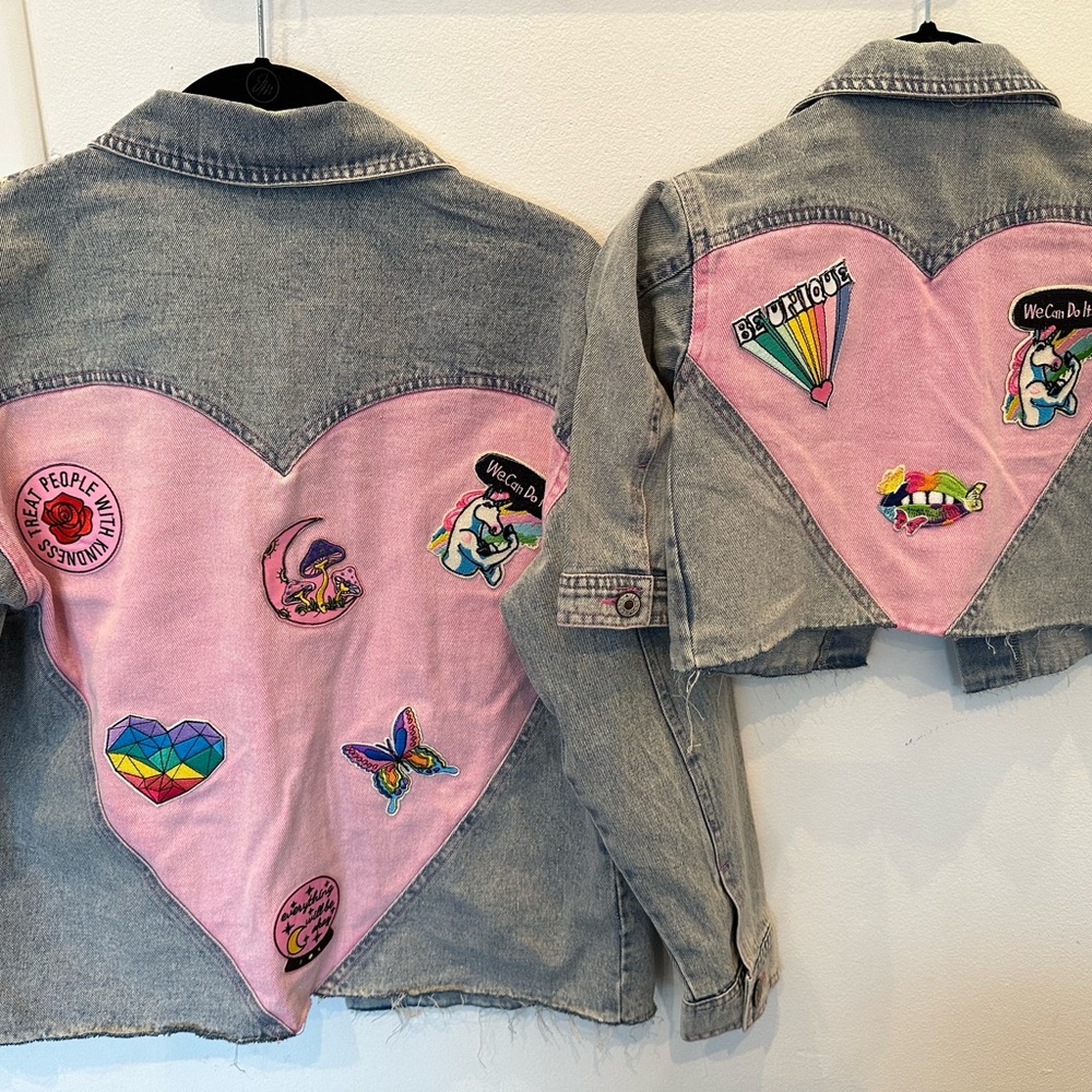 MOTHER DAUGHTER custom denim pink heart jean jacket patches girl baby shower S
